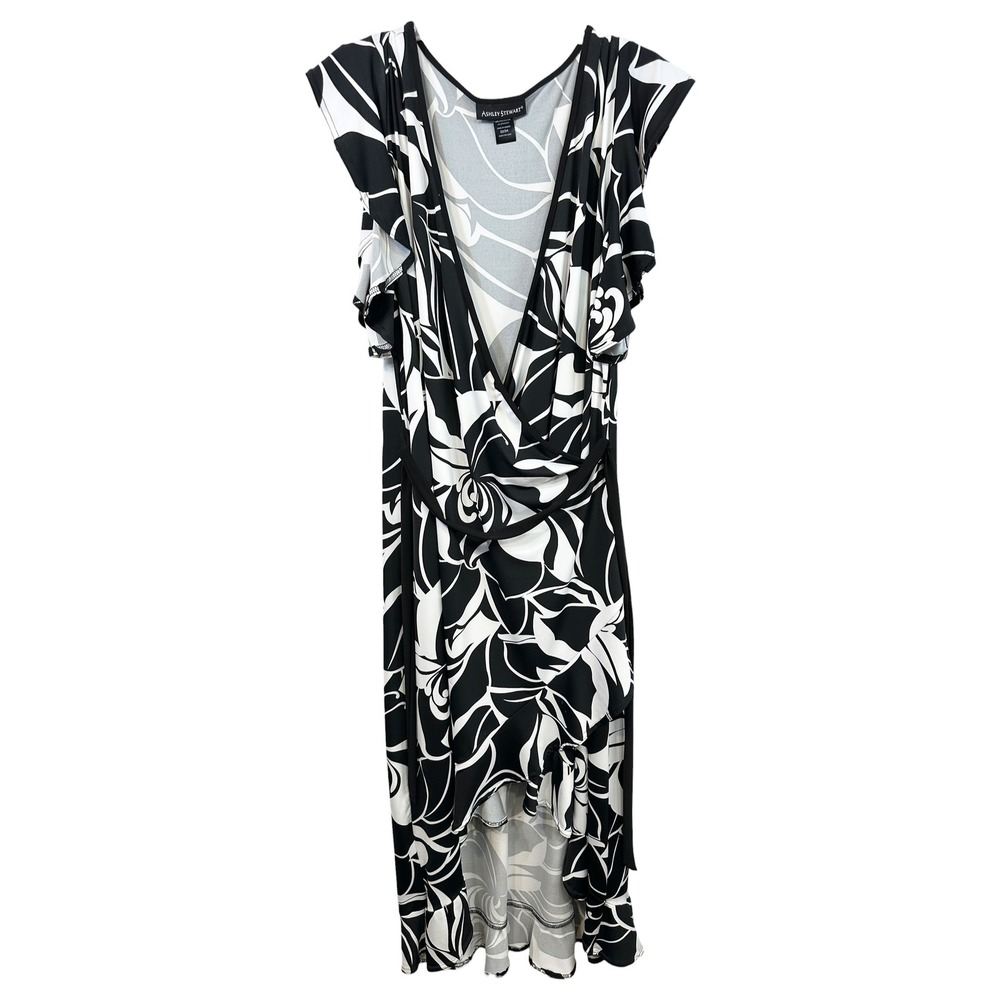 Ashley Stewart Plus Size‎ 22/24W Dress Faux Wrap Black White Floral Coastal 113